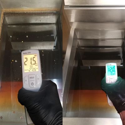 TPM readings before and after ecoFRY oil filtration—reduced from 21.5% to 12%.