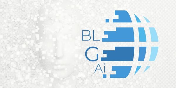 Abstract digital face dissolving into pixels with blue globe and text 'BL G Ai'.
