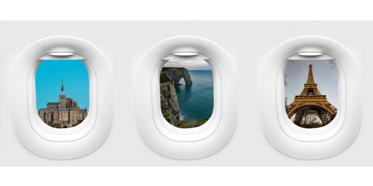Three different views from an airplane window. 