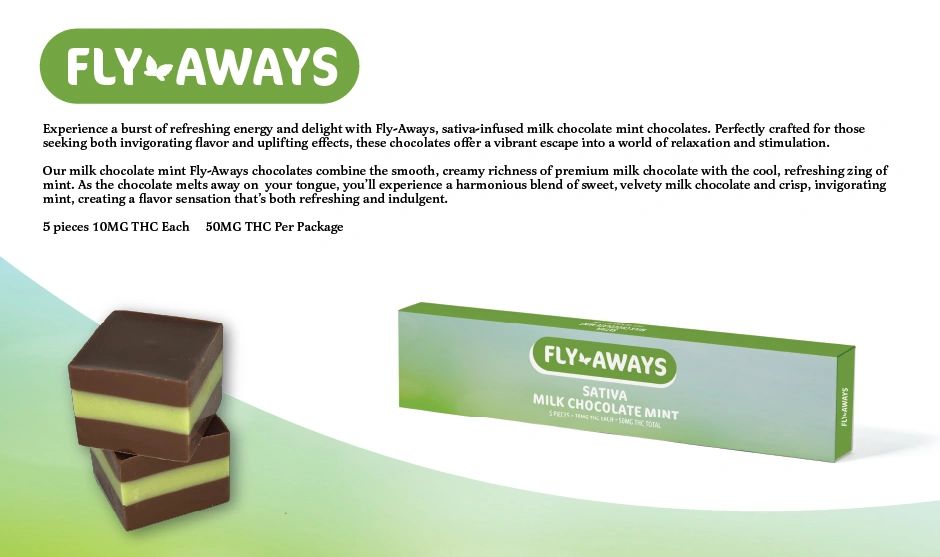 Fly-Aways sativa-infused milk chocolate mint chocolates with a creamy texture and invigorating mint flavor.