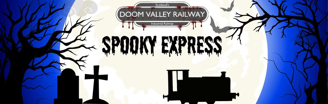 Halloween-themed Doom Valley Railway Spooky Express banner with train and bats.