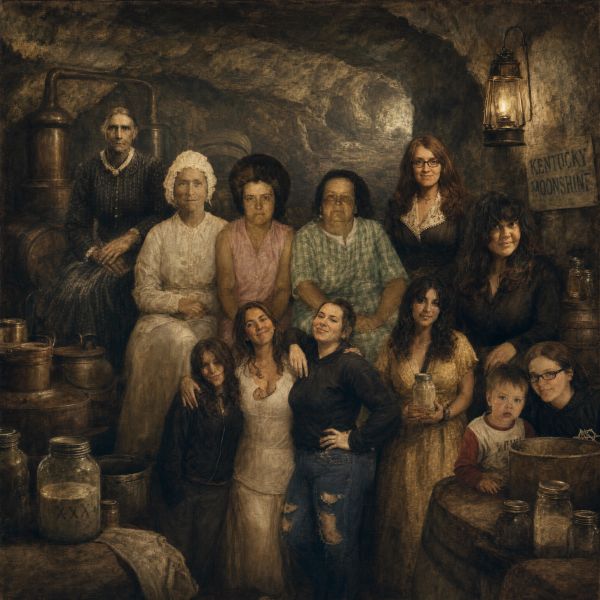 Group of women and children in a cave with 'Kentucky Moonshine' sign.