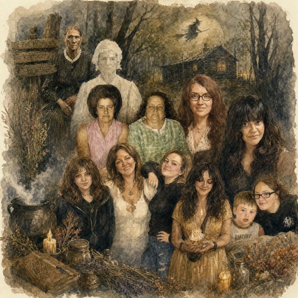 A group of women and a child in a mystical forest scene with a witch flying in the background.
