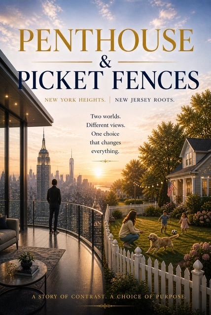 Contrast between urban penthouse life and suburban picket fence living.