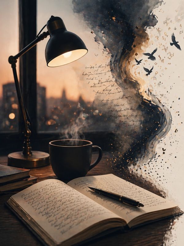 A steaming cup, open journal, and lamp with words and birds transforming into smoke.