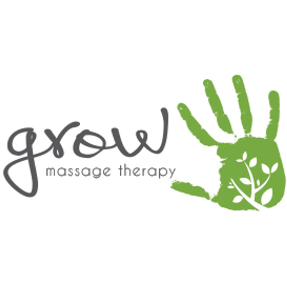 Logo for Grow Massage Therapy featuring a green handprint with a tree inside.