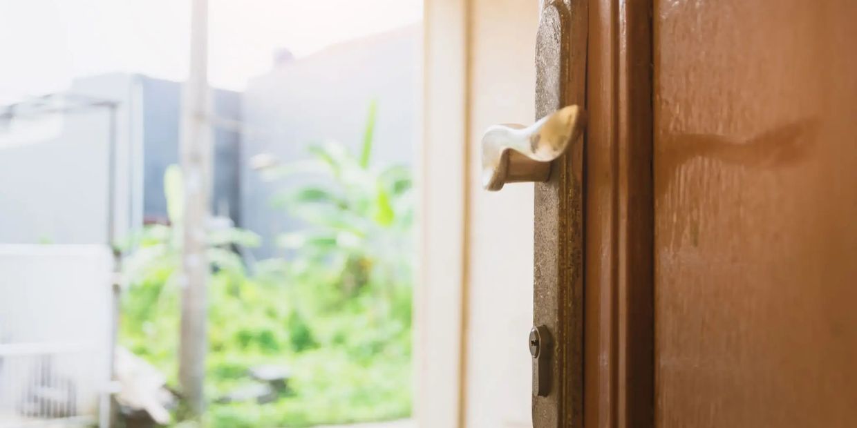 Close-up of a door handle with a blurred green garden background.