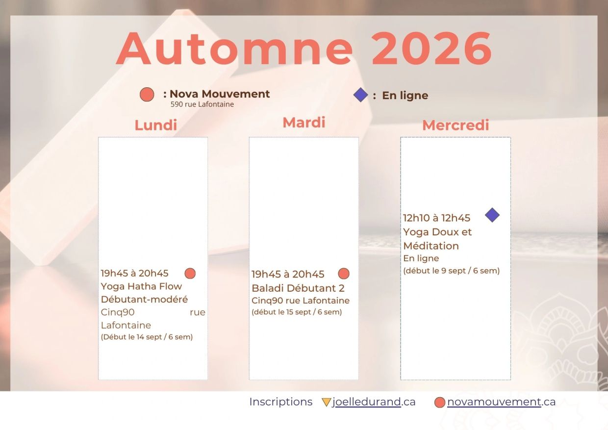 Calendrier des cours de yoga et méditation automne 2026, en ligne et en présentiel.