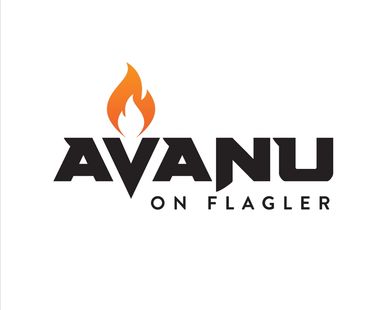 Logo with the text 'AVANU ON FLAGLER' featuring a flame above the 'V'.