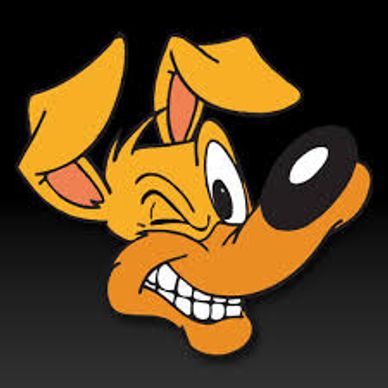 Cartoon dog winking with a mischievous grin on a black background.
