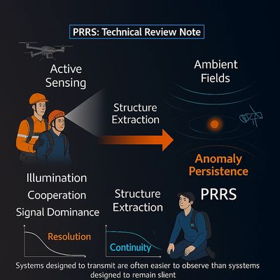 Diagram explaining PRRS technical review with active sensing and ambient fields.