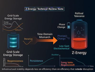 Diagram comparing grid-scale energy storage and Z-Energy with technical notes on stability and phase change.