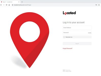 Login page with a large red location pin icon and fields for email and password.