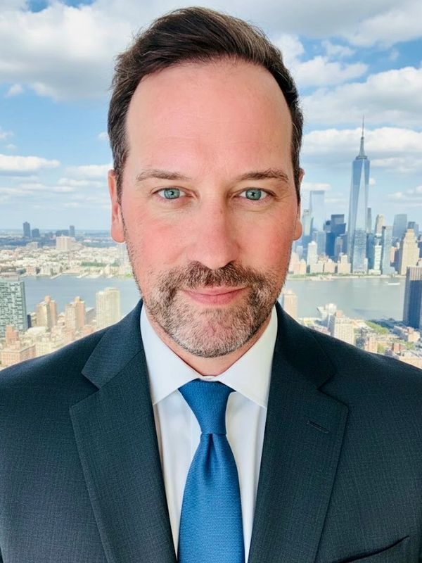 Man in a suit with city skyline behind him.