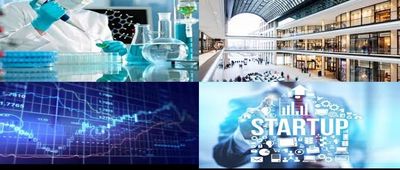 Collage of laboratory, modern building, stock graph, and startup concept.
