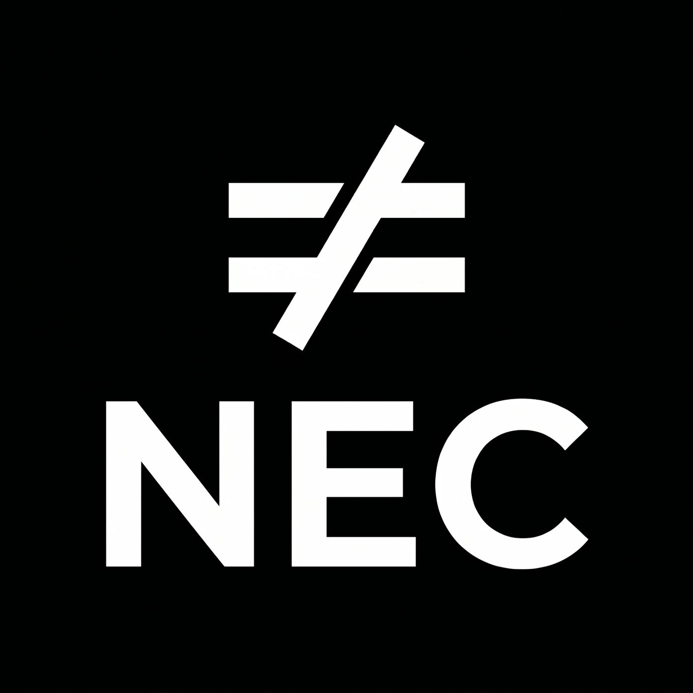 White not equal sign above NEC letters on black background.