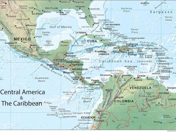 Map of Central America and the Caribbean showing countries and major cities.