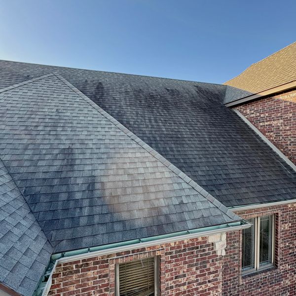 Roof with heavy black algae streaks before soft wash cleaning in Springfield MO