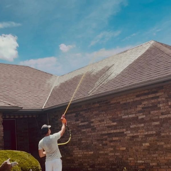 Soft wash roof cleaning process performed by The A Team Pressure Washing in Springfield MO