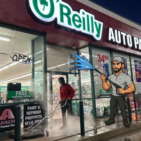 Dirty commercial building and sidewalks before pressure washing in Springfield MO