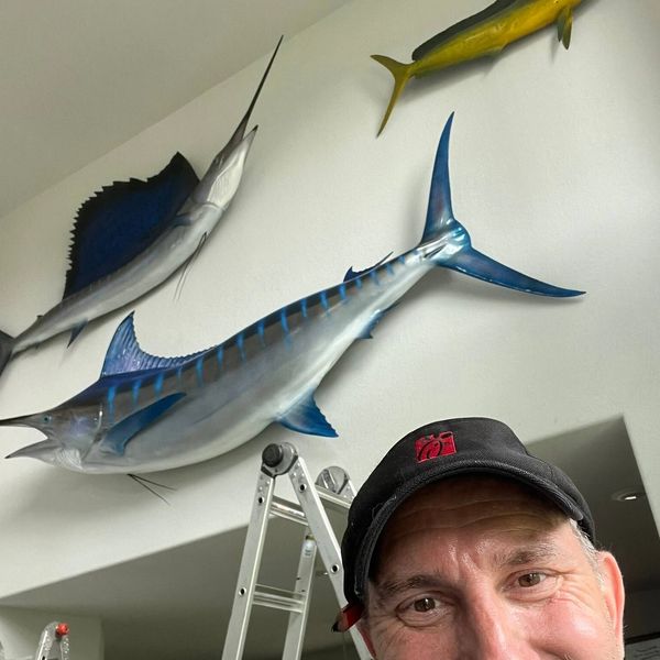 Adam Taylor hanging large fish on a 20' wall in Sterling Ridge, The Woodlands, TX