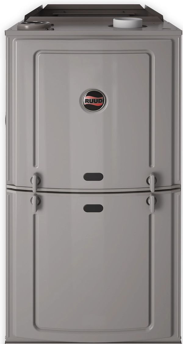 Gray Ruud furnace unit with front panel access and vent openings.