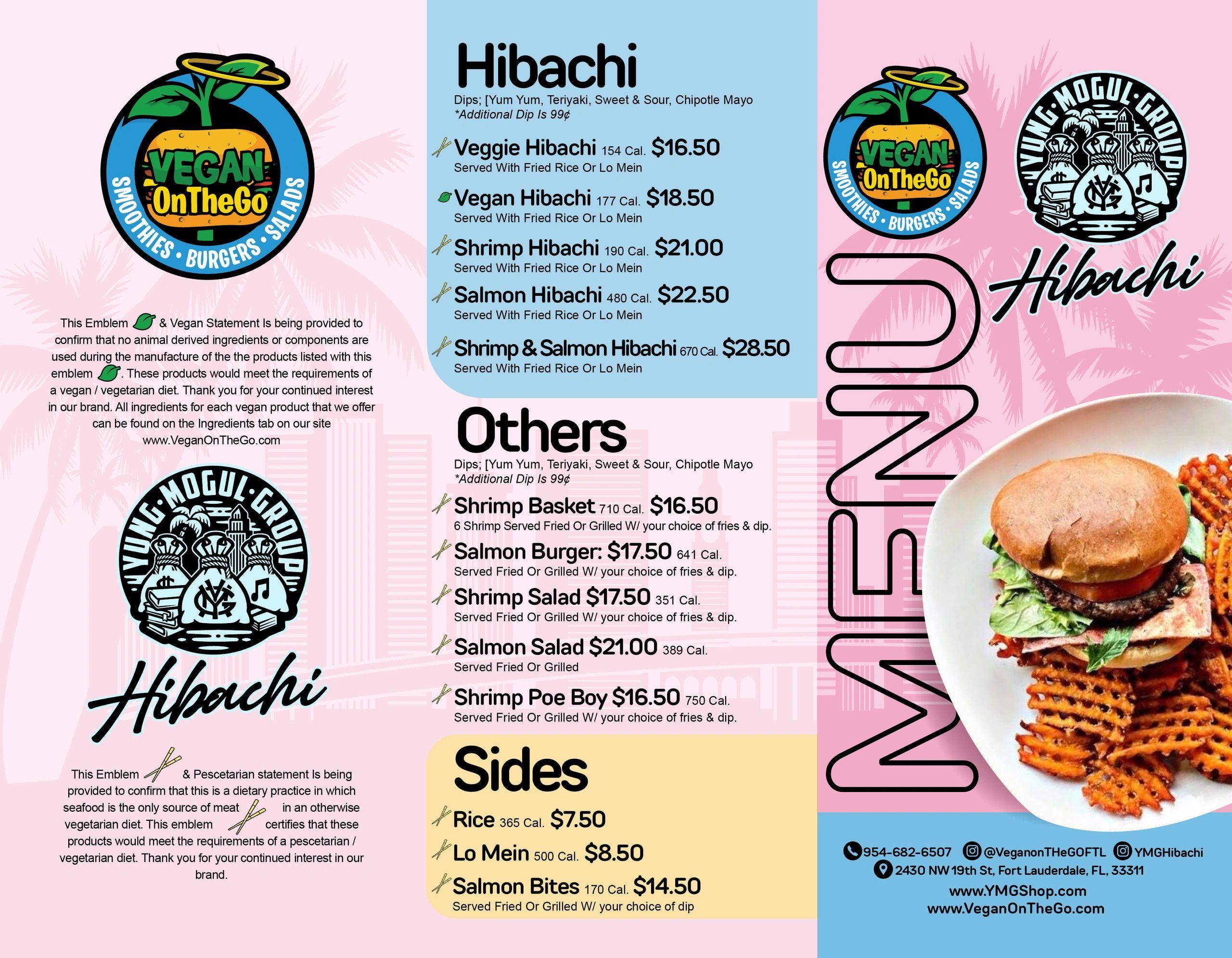 Menu featuring vegan and pescetarian hibachi dishes, sides, and others with contact info and logos.