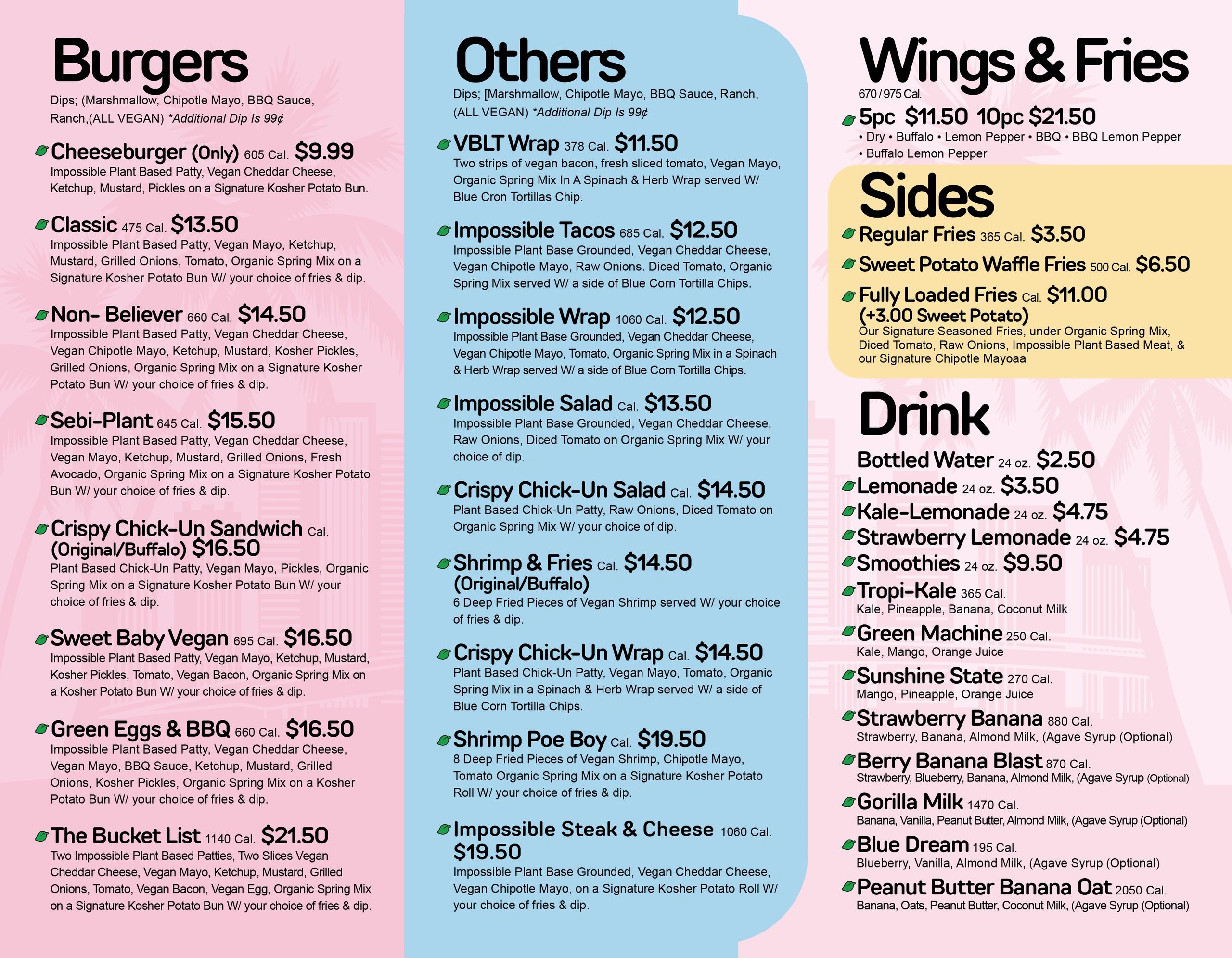 Vegan menu featuring burgers, wraps, tacos, wings, fries, sides, and drinks with calorie counts and prices.