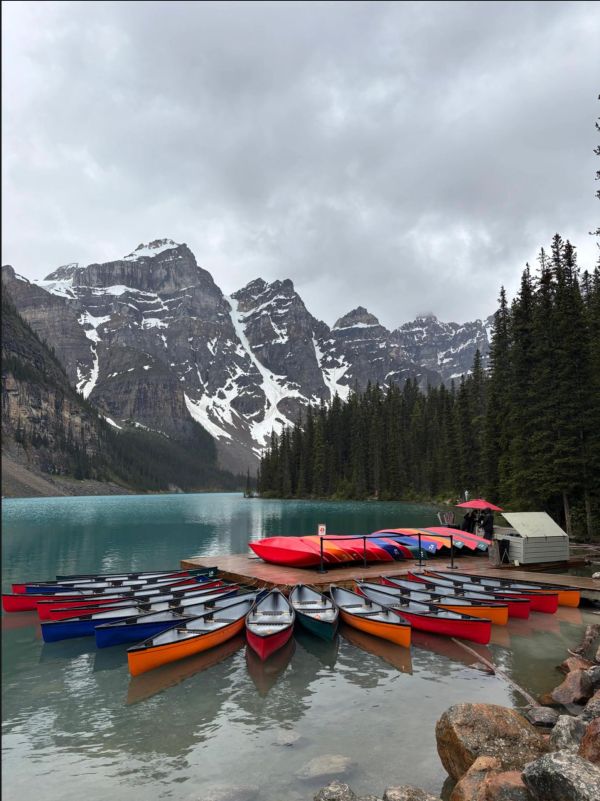 Colorful canoes on a lake with snowy mountains.