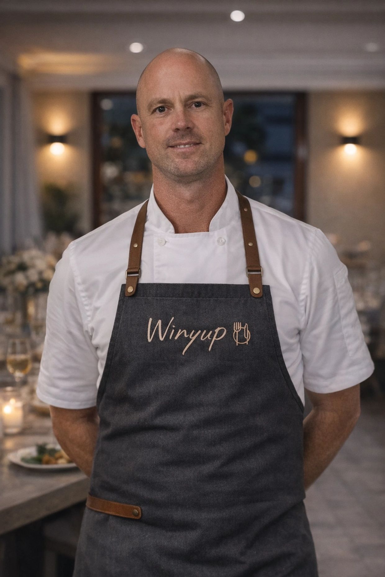 Private chef Brett Gilbert wearing Winyup apron at luxury in-home dining setting in Margaret River