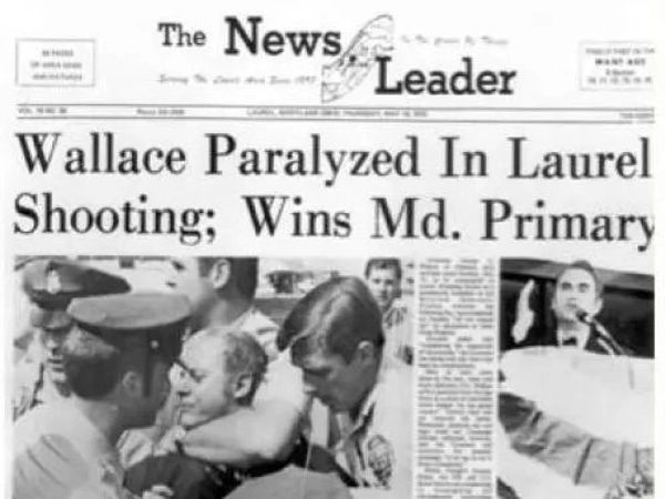 Newspaper headline about Wallace being paralyzed in a shooting but winning Maryland primary.
