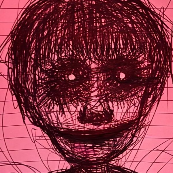 Chaotic black scribble portrait on pink grid paper.