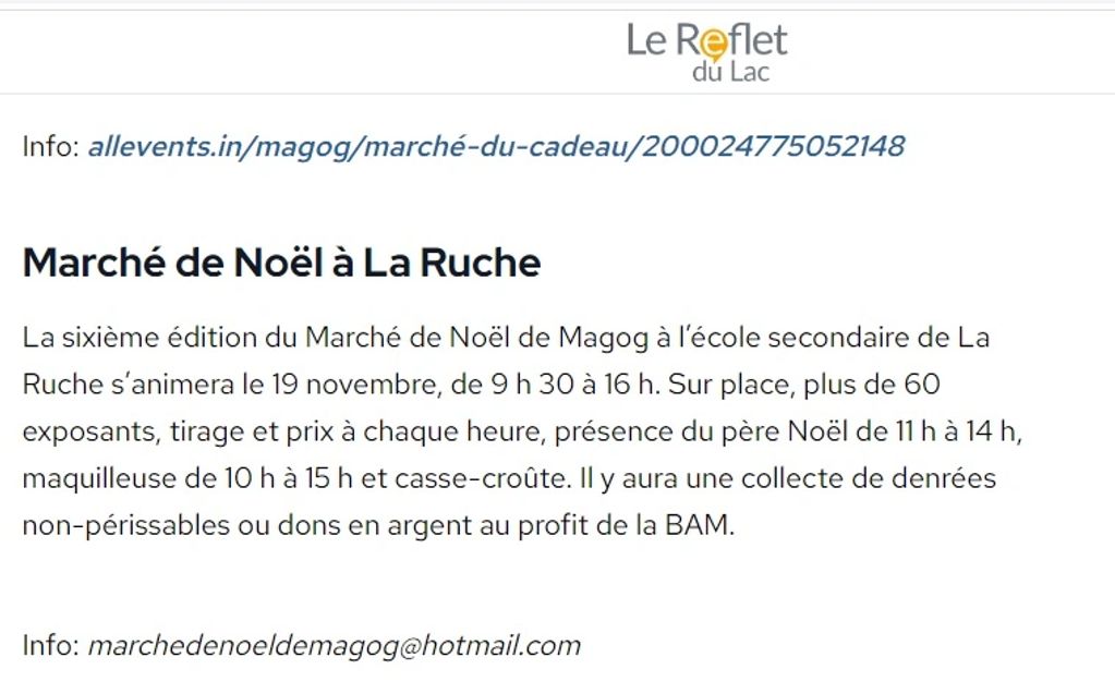 Journal Le Reflet du Lac
Section "Marchés de Noël"
Parution: 01 Novembre 2023