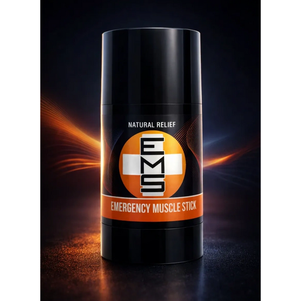 Black EMS Emergency Muscle Stick with orange label for natural relief.