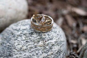 Bride and Groom Rings on rocks