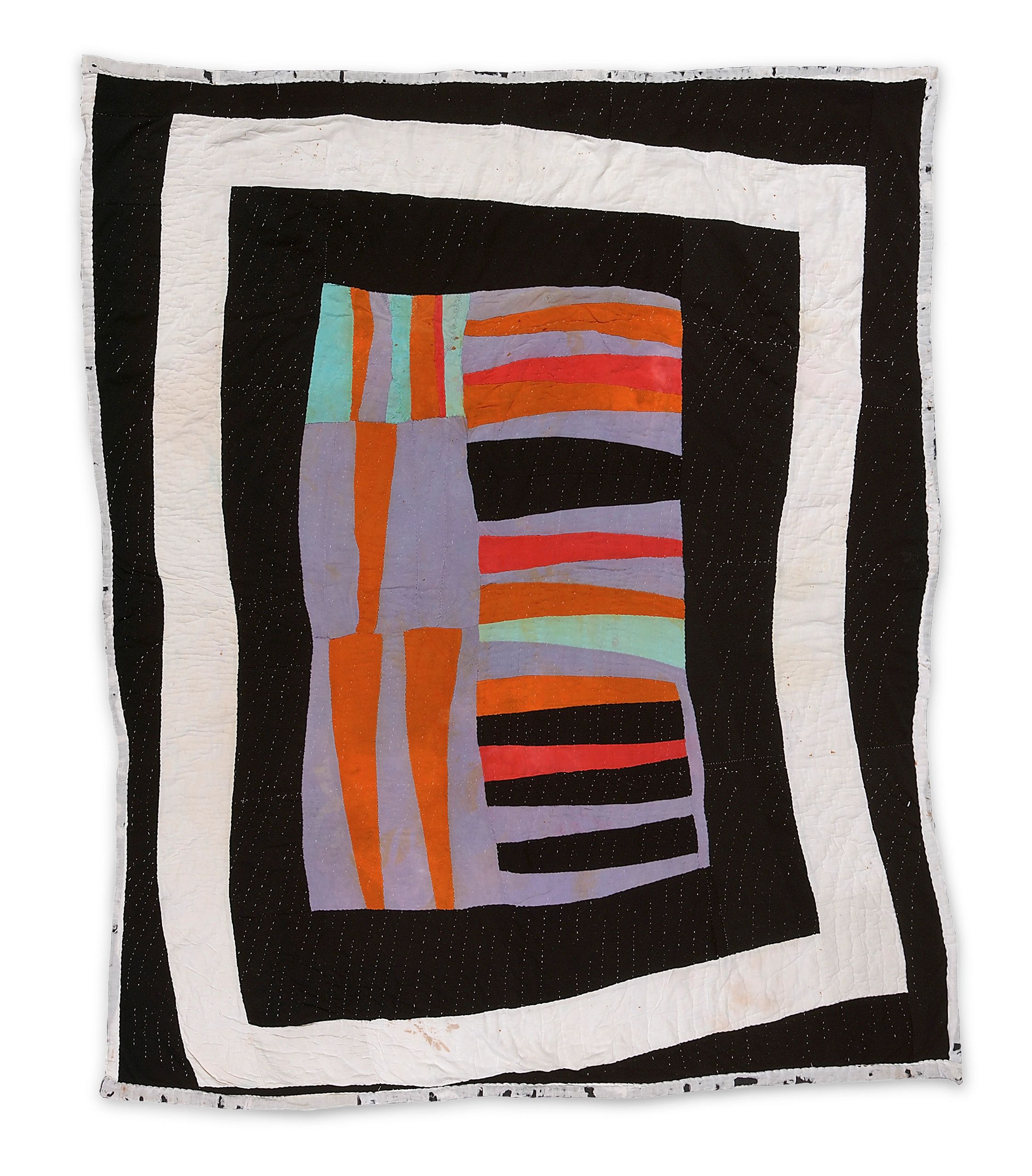 Abstract quilt with black, white, orange, red, and pastel colors.