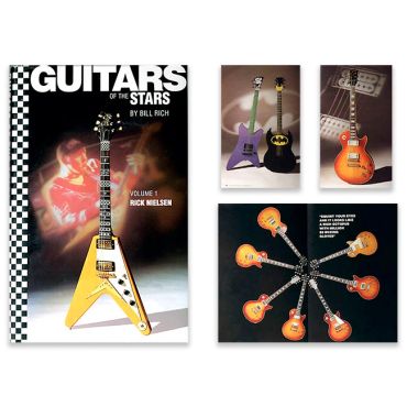 Various images of electric guitars and a book cover.