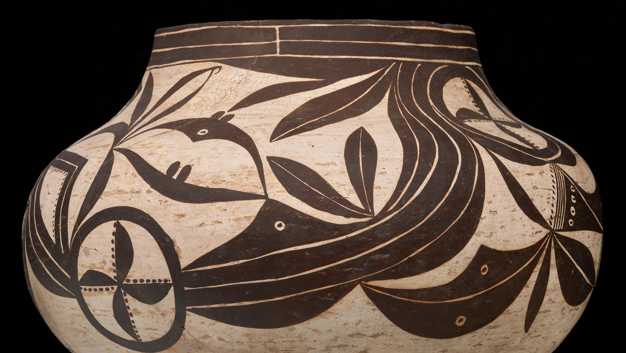 Ancient pottery with black and white bird and plant motifs.