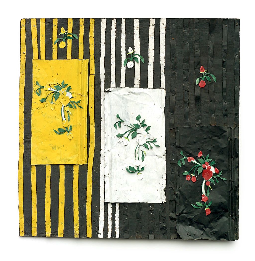 Colorful striped abstract art with flowers.