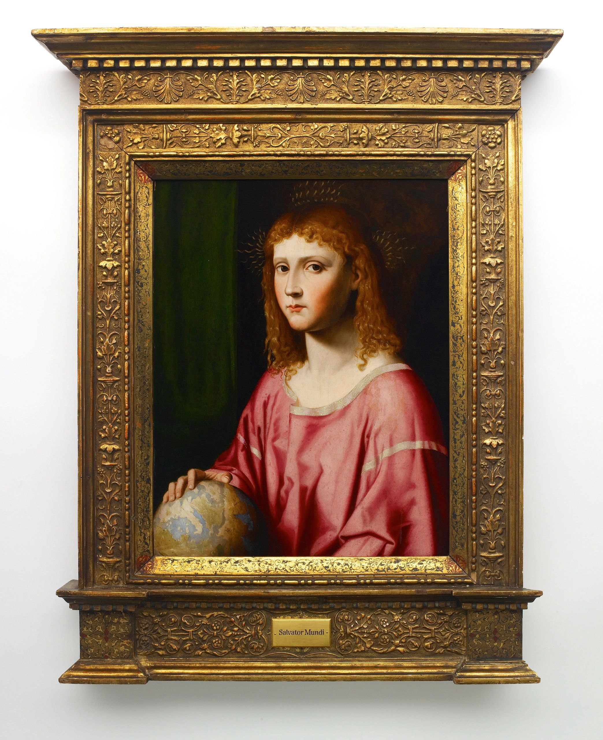 Portrait of a figure holding a globe, titled Salvator Mundi.