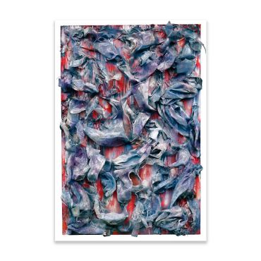 Abstract textured artwork with blue and red hues.