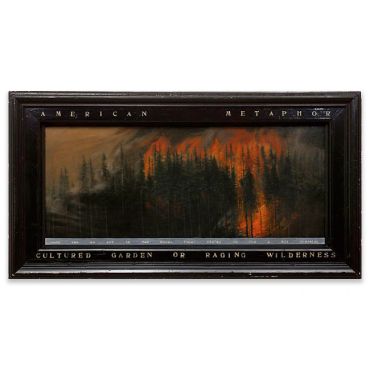 Framed painting of a forest fire with text.