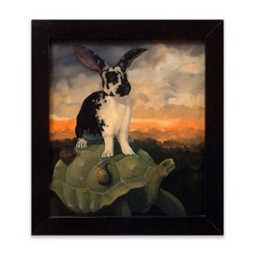A rabbit sits on a turtle's back during sunset.