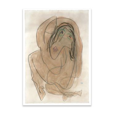 Abstract figure with earthy tones and fluid lines.