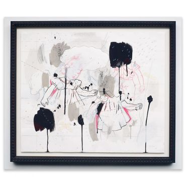 Abstract painting with black ink and pink highlights.