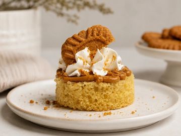 Gourmet mini cake with whipped cream and cookie topping.