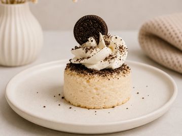 Mini cheesecake topped with cream and an Oreo cookie.