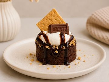 Chocolate lava cake with marshmallow, chocolate, and graham cracker.