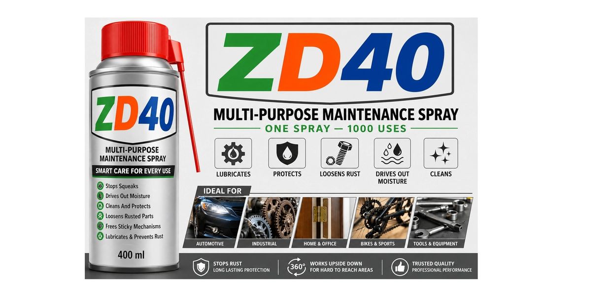 ZD40 multi-purpose maintenance spray for lubrication, rust prevention, and cleaning in various uses.