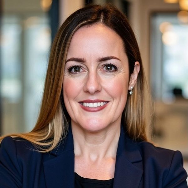 Professional woman smiling confidently in a business setting.